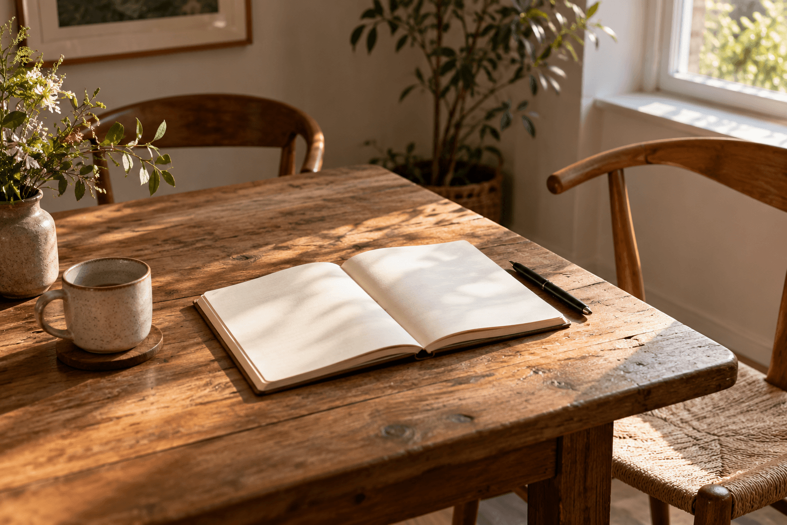 Illustrative setup with a blank notebook, pen and two chairs; no participant material is shown.